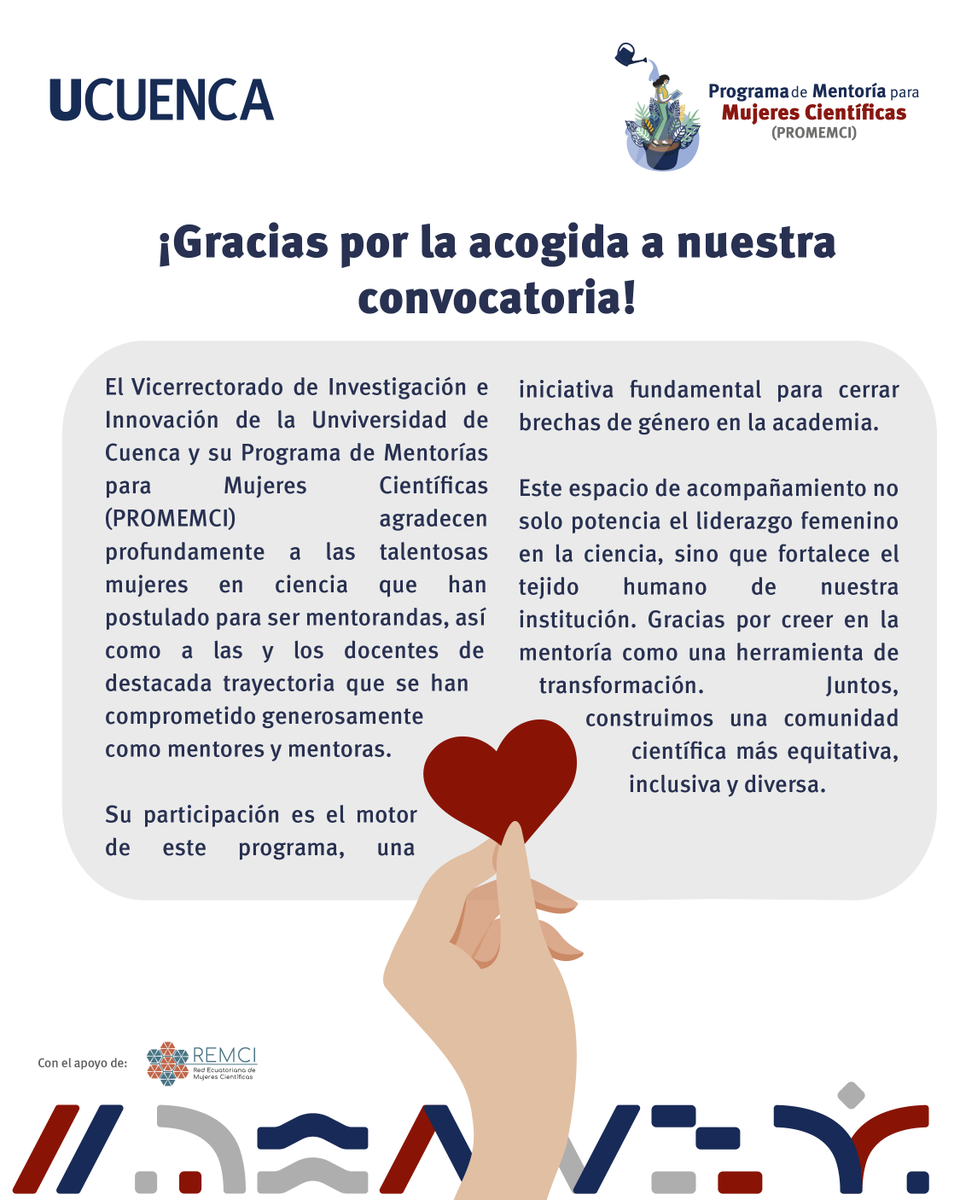 Investiga_UDC's tweet photo. #PROMEMCI | Ha finalizado la etapa de inscripción y postulación de la V Cohorte del Programa de Mentoría para Mujeres Científicas. Agradecemos la gran acogida y el interés por fortalecer la participación de mujeres en la ciencia.
@udecuenca @CientificasEC https://t.co/qGBWUsnjD7