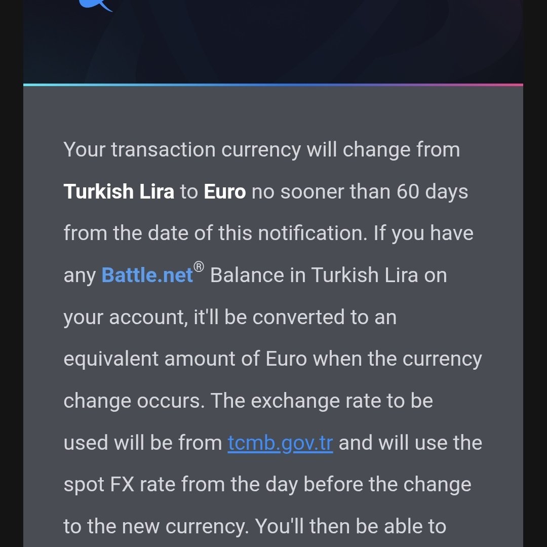 75_fps's tweet photo. Blizzard Entertainment'in dijital oyun mağazası Battle Net, Türk Lirasıyla satın alım desteğini kaldırıp; Türkiye mağazasını Euro (€)'ya geçirecek. 

🔹 Kur, her zaman bir önceki günü esas alacak. https://t.co/duG6FySxgz