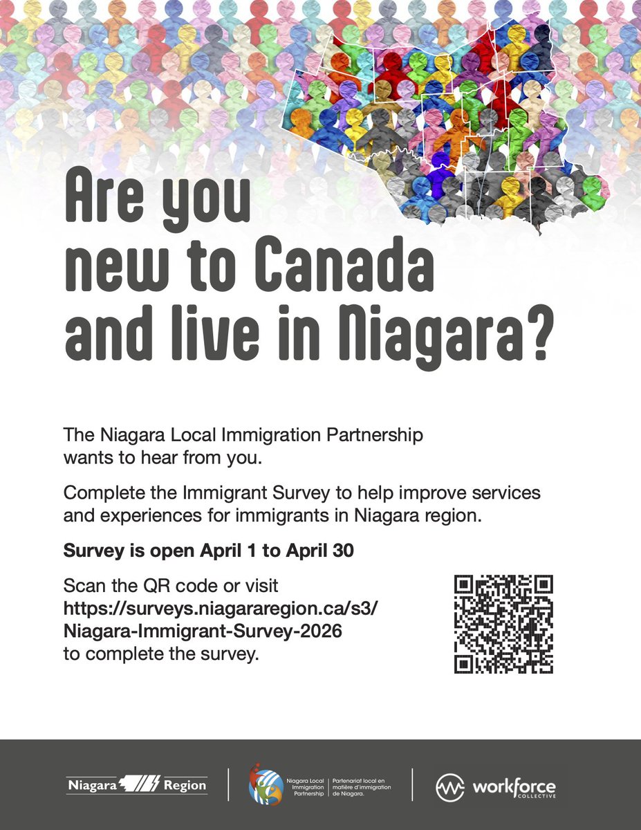 Take the survey (April 1 - 30, 2026)

Survey link: surveys.niagararegion.ca/s3/Niagara-Imm…

Survey webpage: niagararegion.ca/living/immigra…