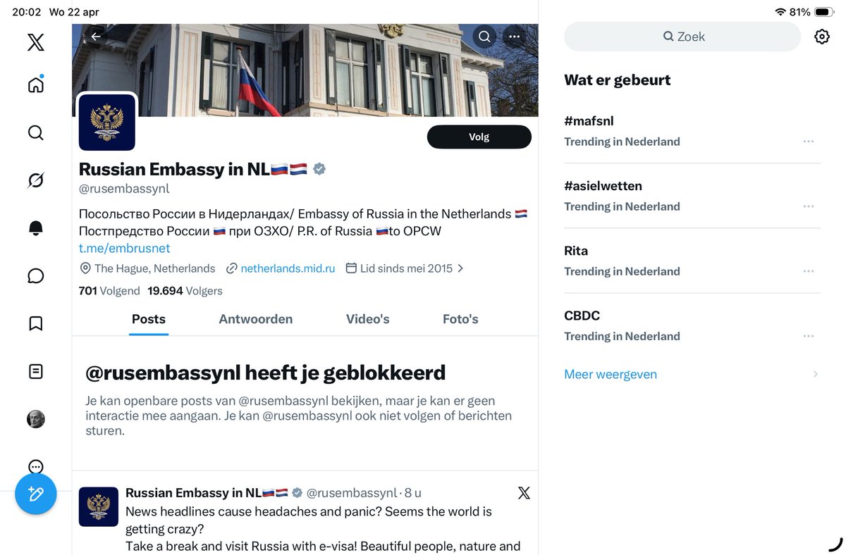 Geblokkeerd door een  🤡 <a href="/rusembassynl/">Russian Embassy in NL🇷🇺🇳🇱</a> 🤣