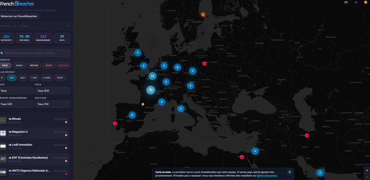 Frenchbreaches's tweet photo. 🚨🌍 FrenchBreaches MAP (beta) : découvrez une carte des cyberattaques dans le monde en temps réel, avec des données détaillées et précises.

> https://t.co/5QyCsQxhFE https://t.co/XNfrna4a0t