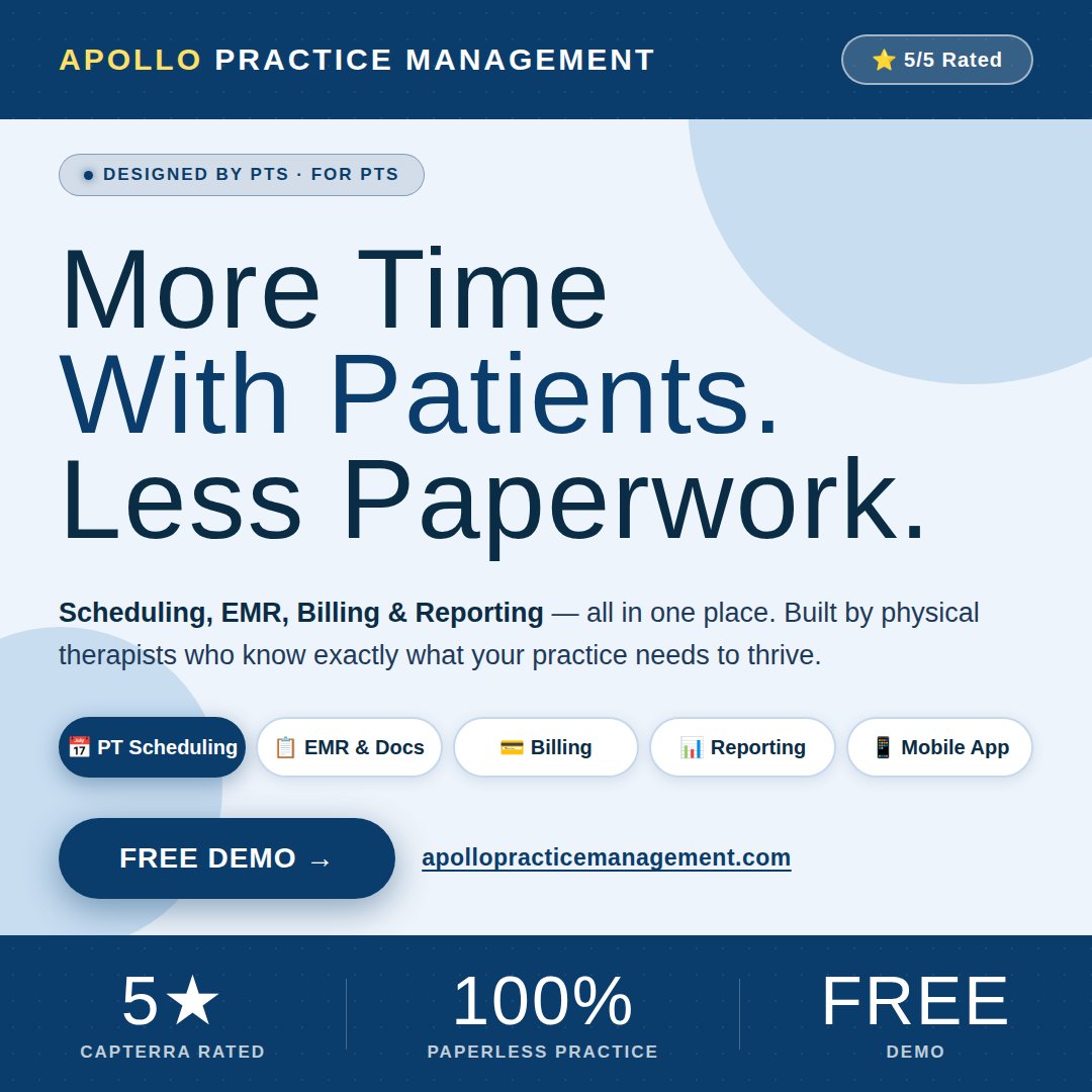 MgtApollo's tweet photo. Apollo PT gives you back the time that matters — with your patients.

Scheduling, EMR, billing, and reporting — all in one simple platform built by PTs, for PTs. 

👉 https://t.co/Ri9gVJ4IMM

#PhysicalTherapy #PTSoftware #EMRSoftware #PTBilling #HealthcareTech #PhysicalTherapist https://t.co/92hS8t1acd