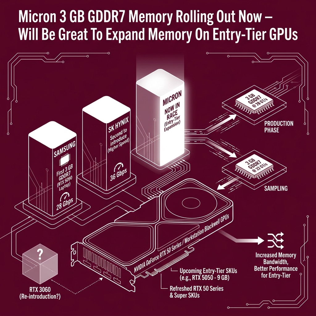 EdsonBellido's tweet image. Micron joins Samsung &amp;amp; SK Hynix in 3 GB GDDR7 production! 💡 What's the impact of a third major supplier on next gen GPU memory? #Semiconductors #GDDR7