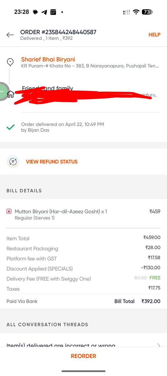 HarishK33895015's tweet photo. @Swiggy I have ordered biryani from #shariefbhai Mahadevpura branch and received spoiled food with pungent smell. I had raised complaint in support but automatically initiated 95rs refund for 392rs biryani. Sharing picture and putting it in garbage for which it deserves. https://t.co/lyTdGVVFdT