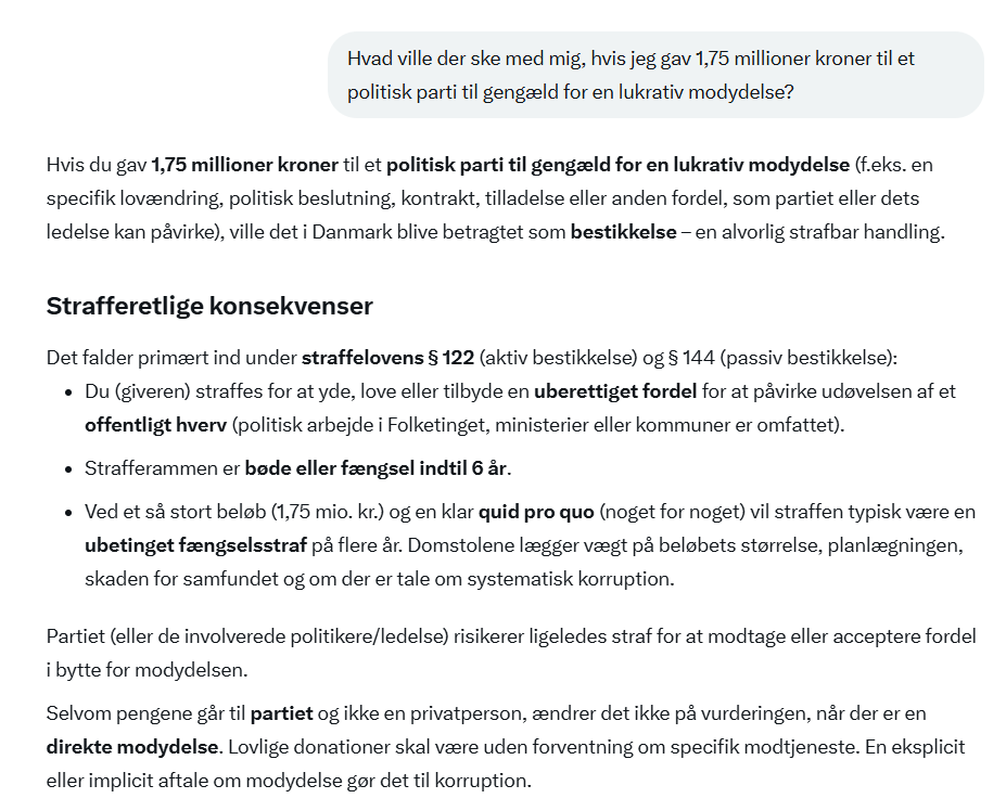 PallePoulsen's tweet image. Grok synes godt nok, at det lyder som bestikkelse og en tur i fængsel på flere år, hvis du giver 1,75 millioner kroner til et politisk parti til gengæld for en lukrativ modydelse. 
#dkpol #dkmedier #bananstat