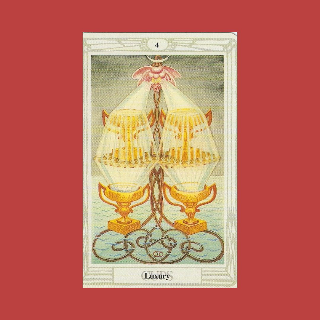 #TAROT &amp; ASTROLOGY! 4 CUPS. Water sign Cancer. Not accepting what is  offered, especially emotional involvement. Having boundaries. But Thoth deck Luxury: contentment, excess, easy flow of energy. The luxury to say no. 4 Hearts.