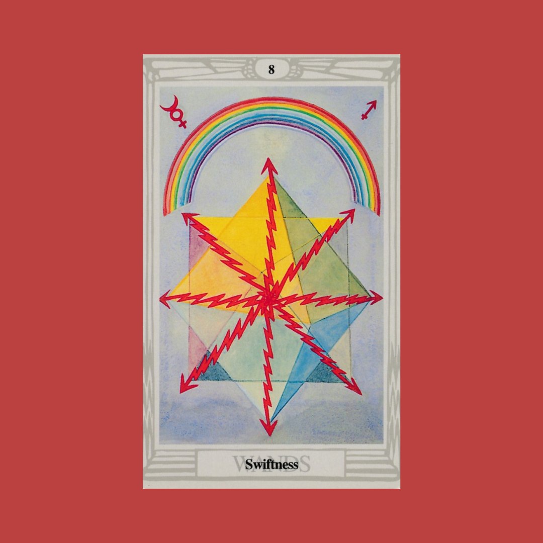 #TAROT &amp; ASTROLOGY! 8 WANDS. Fire sign Sagittarius. Quick movement, faster pace &amp; increased speed. RWS deck 8 Wands rapidly moving over a landscape. Able to cover more distance. Thoth deck swiftness, easy  progress, heading in right direction. Planet Mercury for communication.