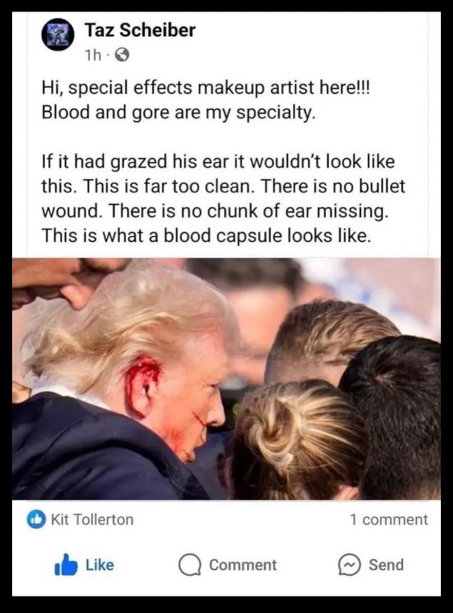 RCdeWinter's tweet photo. you're not going to get canceled, here's what I've been saying since that murderous deliberately planned false flag happened in Pennsylvania happened

Here’s my take on Trump's fake assassination drama

Now we find out this kid who is alleged 
to have shot Trump was a registered Republican. So here’s the scenario: 

You find some naïve kid who loves 
the idea of Trump and also likes violence and that’s why he likes Trump. 
You tell him he’s gonna be 
a hero because they’re doing this thing 
to make Trump look like an almost martyr. And the kid is gung ho and never stops 
to think that he’s not going to survive this incident. 
I don’t know why the other man who was shot was chosen to be a victim. or maybe he wasn’t, maybe when they were offing the kid they hit that guy by mistake too.
Remember Dallas. 
Remember Lee Harvey Oswald.
rememberJack Ruby.