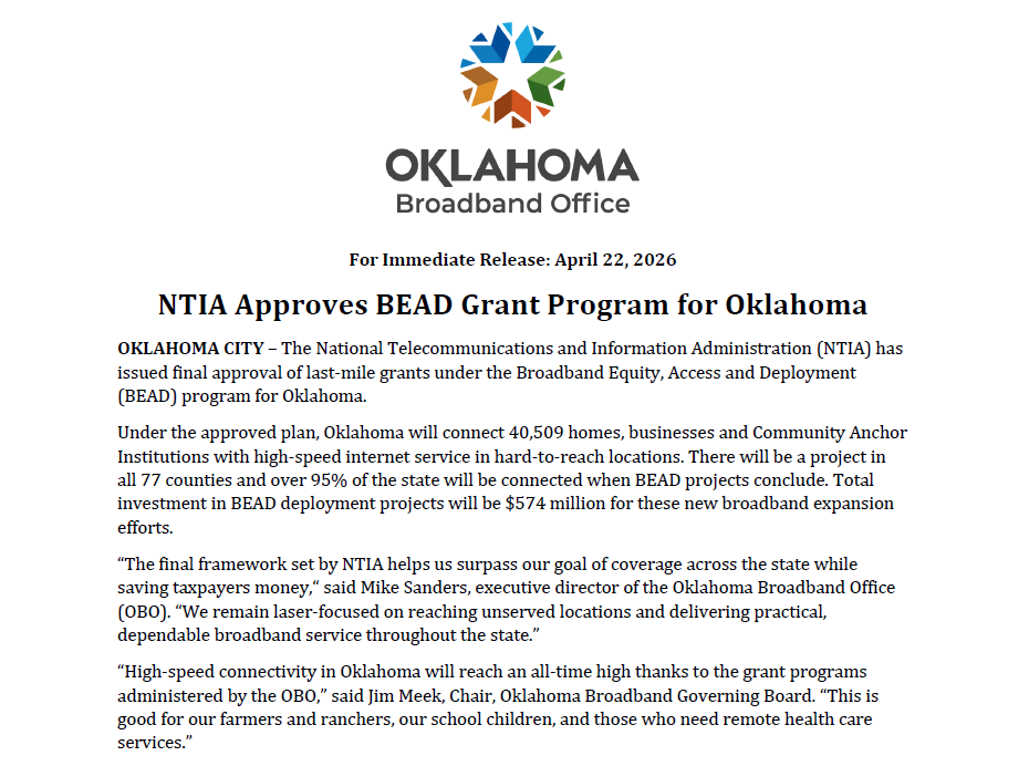 OK_Broadband's tweet photo. 🎉 BEAD is Approved! 🎉

The plan will:
▪️ Contribute $574 million in new investment
▪️ Connect over 40,000 homes, businesses &amp; CAIs
▪️ Boost service in all 77 counties

See more information our website:
https://t.co/0RHxY1zJJv https://t.co/K0ZuiFS9v1