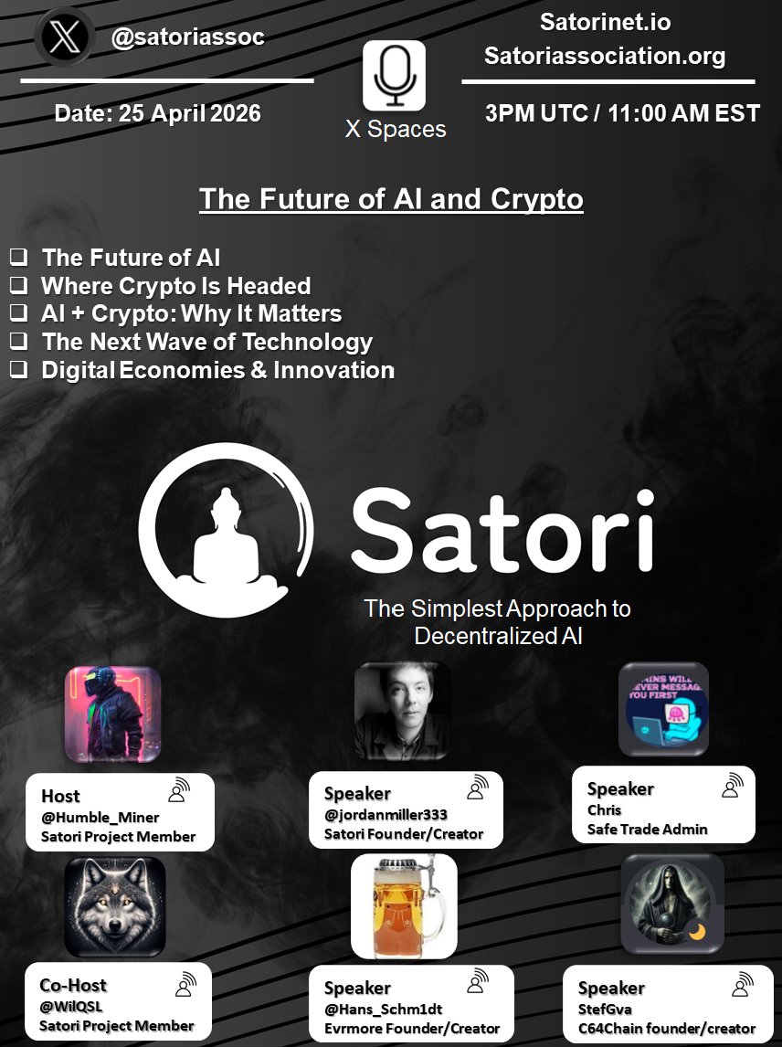Humble_Miner's tweet photo. Really looking forward to hosting this space this week! 
Topic: The Future of AI and Crypto 🔮
https://t.co/2MAPb2wVtt

P.S. you don't want to miss out on a project update from the @SatoriAssoc. 

#crypto #satori #ai #predicitionmarket https://t.co/KT3BEcGVB3
