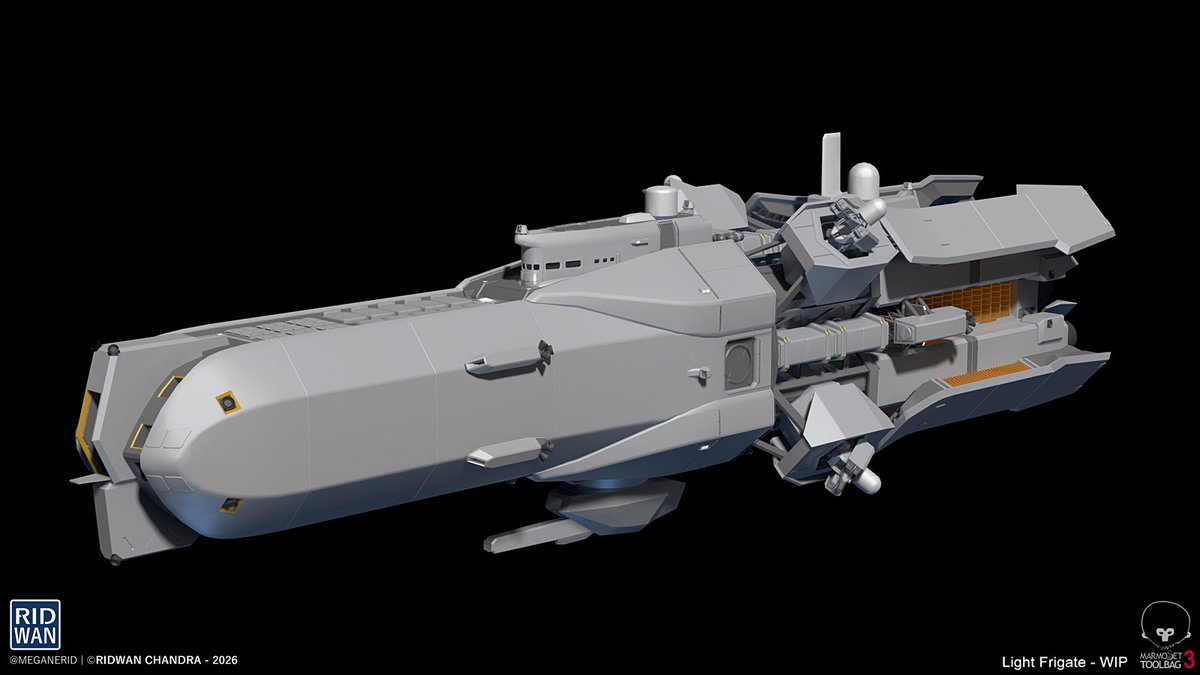 meganerid's tweet image. A couple more screenshots of the light frigate, made some small updates and added mech arms on a ring for handy purposes😆
#3dart #scifi