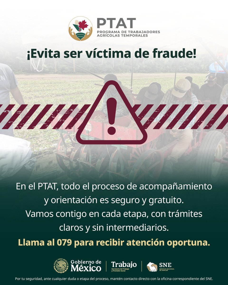 SNE_Frontera's tweet photo. Ningún pago del #PTAT debe realizarse sin indicación previa de las y los servidores públicos del #ServicioNacionalDeEmpleo. 🌽👩🌾👨🌾🚜
📞 Llama al 079 o acude a tu oficina del SNE.
🔗https://t.co/cwipJ4jyKI https://t.co/1JwZYZSTlh