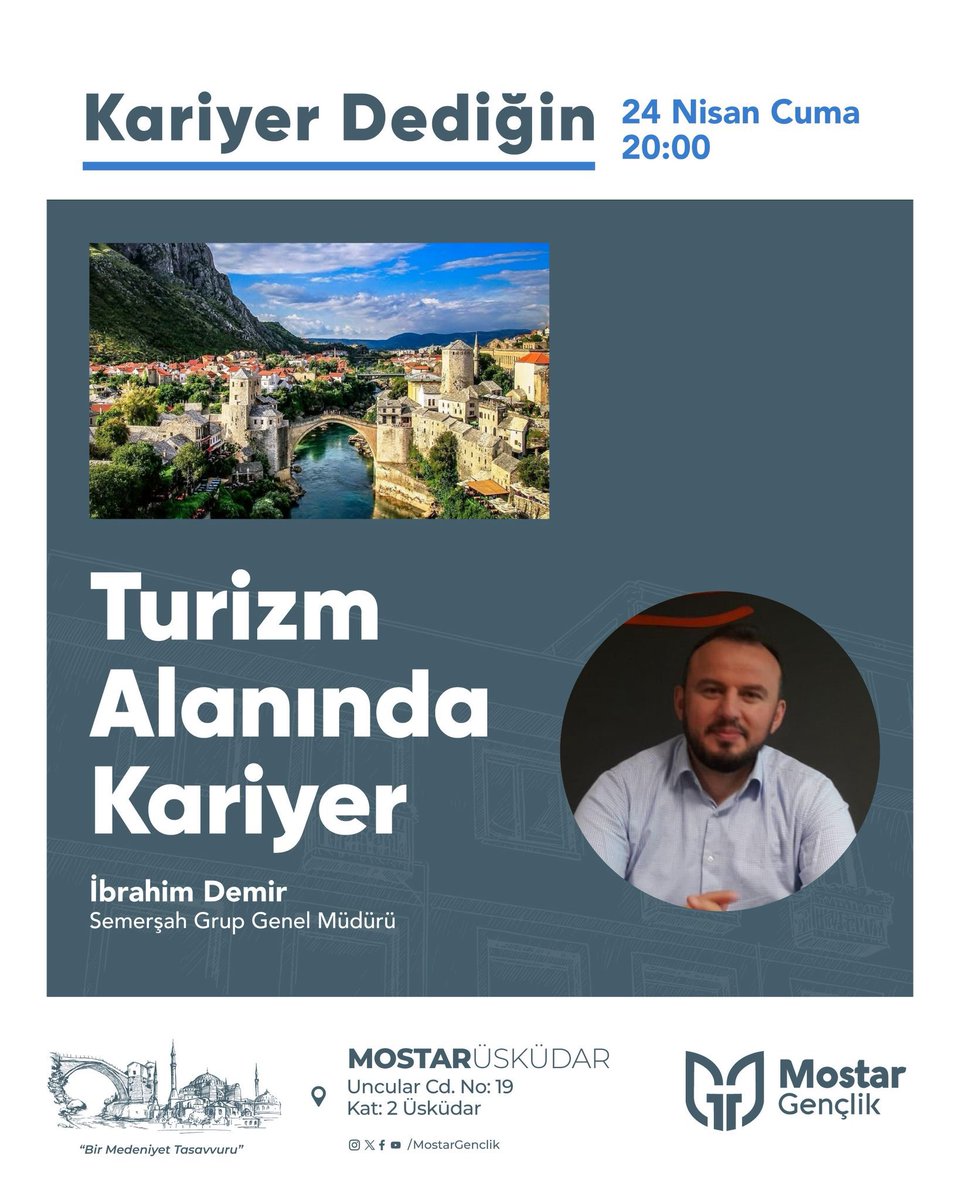 MostarGenclik's tweet photo. Kariyer yolculuğunda rotan ne? 🎯
Doğru bir kariyer planı ne üzerine kurulur?

"Turizim Alanında Kariyer" üzerine
Semerşah Grup Genel Müdürü  İbrahim Demir ile söyleşimize bekliyoruz.

🗓 24 Nisan Cuma
🕗 20:00
📍 Mostar Üsküdar https://t.co/N7IUt2zfVa
