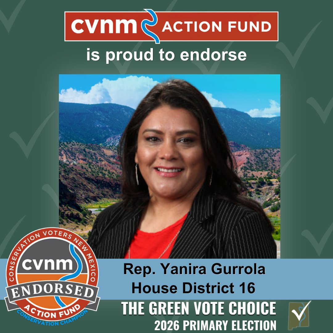 ProtectNM's tweet image. CVNM, through CVNM Action Fund, is proud to endorse Rep. Yanira Gurrola for House District 16. She has a lifetime Conservation Score of 100%! #Champ #GreenVoteChoice #NMpol #NMleg