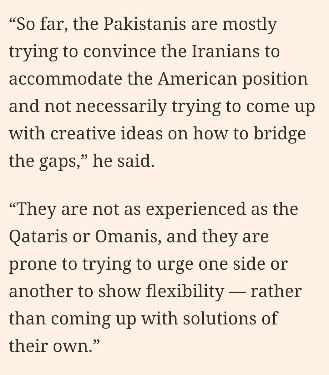 asadnasir2000's tweet photo. 🇵🇰 Pakistanis mostly push 🇮🇷 Iranians to accommodate the 🇺🇸 US position, rather than offering creative solutions to bridge gaps. 

They are less experienced than 🇶🇦 Qataris or 🇴🇲 Omanis and tend to urge flexibility instead of proposing their own ideas.

- Financial Times. https://t.co/M6YieHSgV4