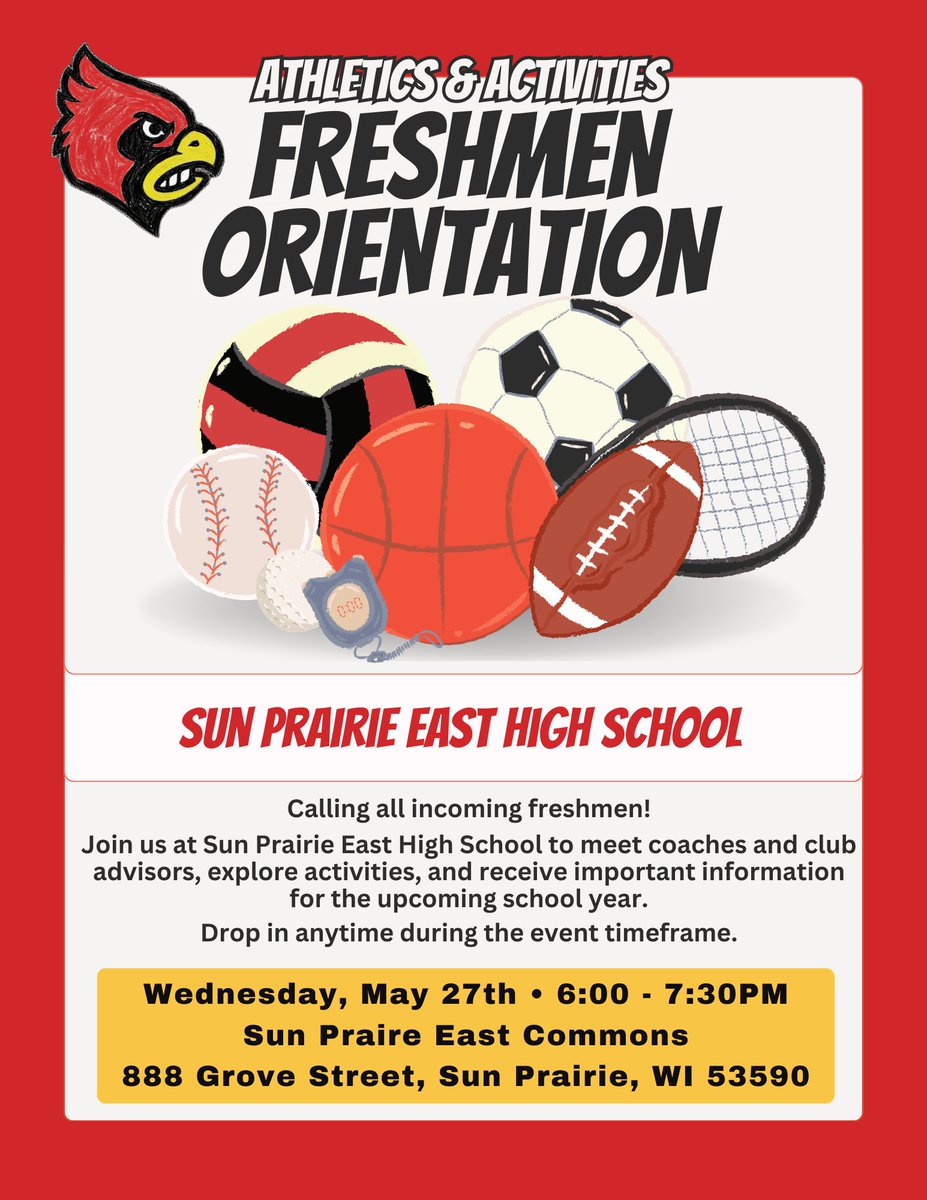 SPCardinals's tweet photo. CALLING ALL INCOMING FRESHMAN! 
May 27th from 6:00pm-7:30pm we will be hosting our annual FRESHMAN ORIENTATION FOR ATHLETICS &amp; ACTIVITIES.

Come meet coaches and player and learn more about what sports we have to offer at the high school level. https://t.co/g1UC2ZO93v