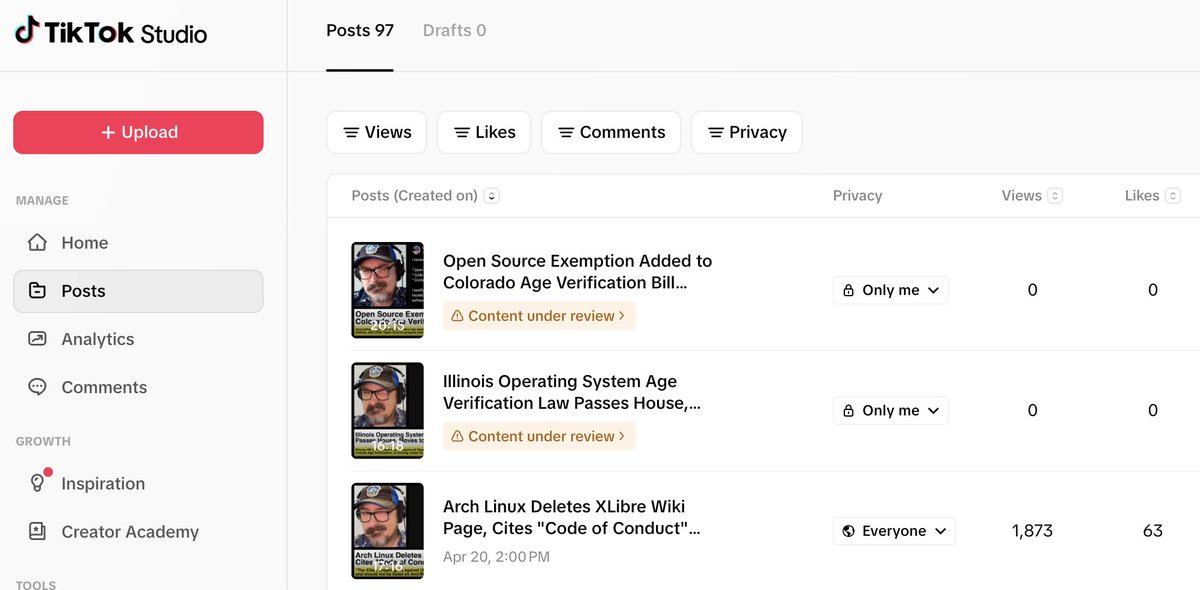 Curious.  TikTok has begun censoring my shows regarding Age Verification laws.

A few of them have been flagged as "Content under review", and they are unable to be published for a while now.