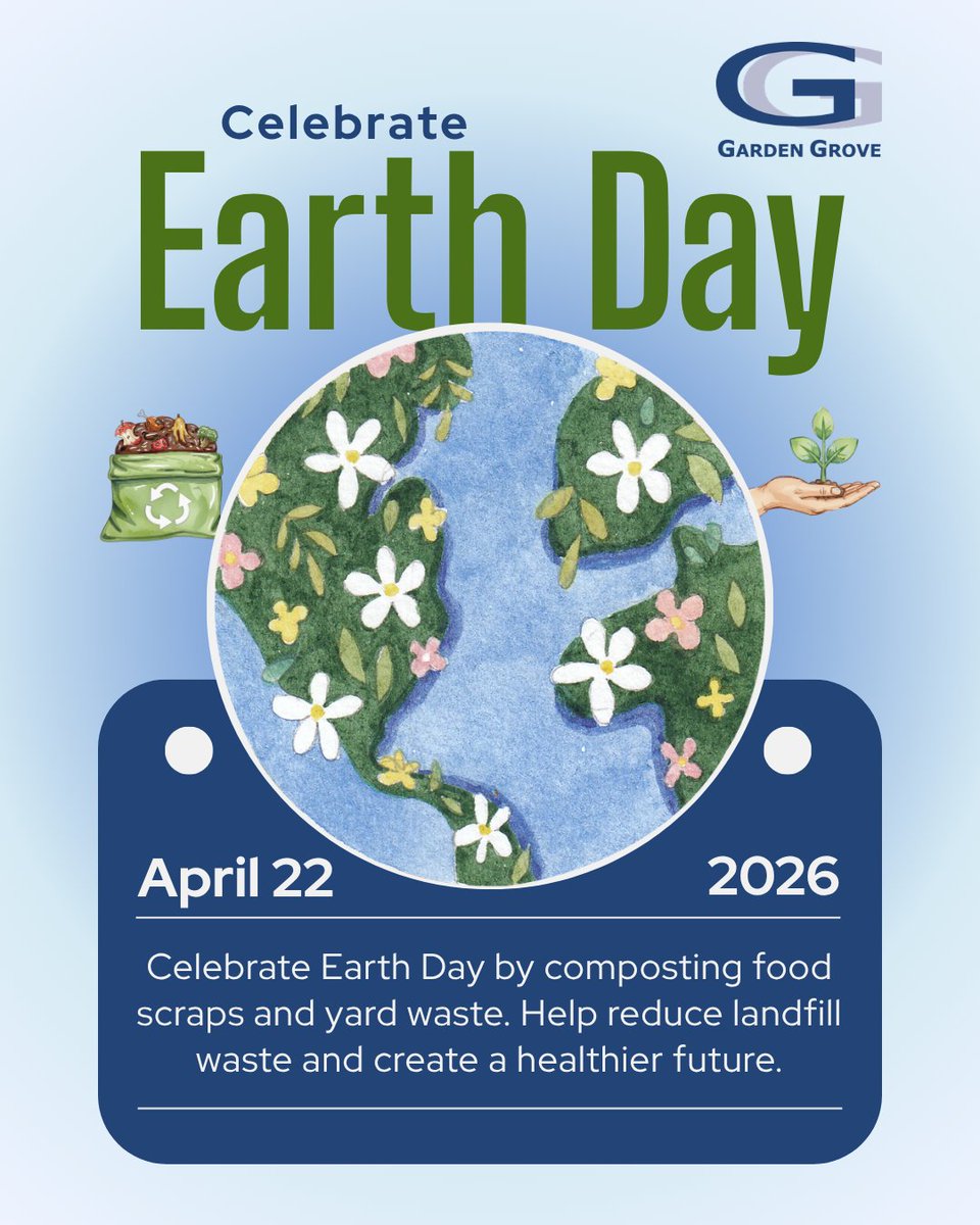 CityGardenGrove's tweet image. 𝑯𝒂𝒑𝒑𝒚 𝑬𝒂𝒓𝒕𝒉 𝑫𝒂𝒚! 🌎💚

Today we’re joining more than 190 countries to celebrate Earth Day and you can make a difference right here at home! 

#GG1956 #organicsrecycling #composting #gogreen #reducereuserecycle #zerofoodwastezerofoodwaste