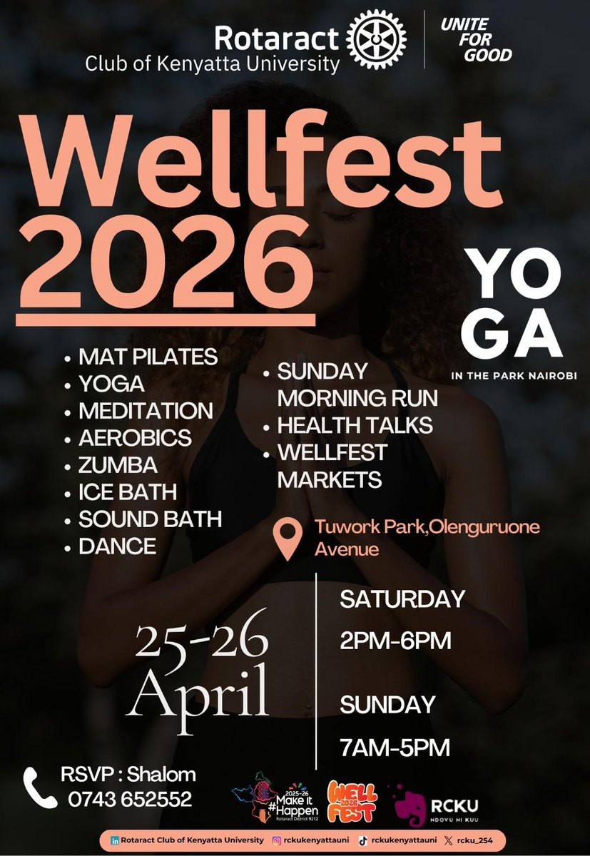 rcku_254's tweet image. WellFest 2026 is here🌿✨
Join us for 2 days of wellness, reset and good vibes.

🗓️:25th and 26th April
📍:Tuwork Park Olenguruone Avenue

Don't miss out!! Secure your spot now🤩#uniteforgood #rotaract