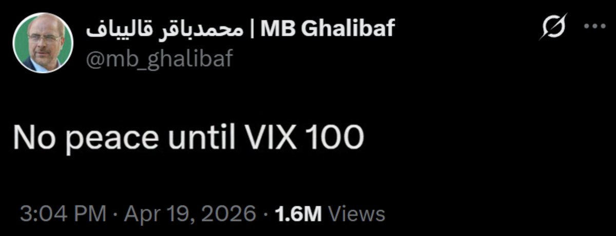 "SEM PAZ ATE O VIX BATER 100" 😵
disse o presidente do parlamento do Irã (principal negociador do cessar-fogo que nunca rolou) 
O VIX NUNCA chegou a 100 kkkkk 
nem em 2008, nem na Covid

eles sabem que o ponto fraco do Trump e dos EUA é o mercado financeiro