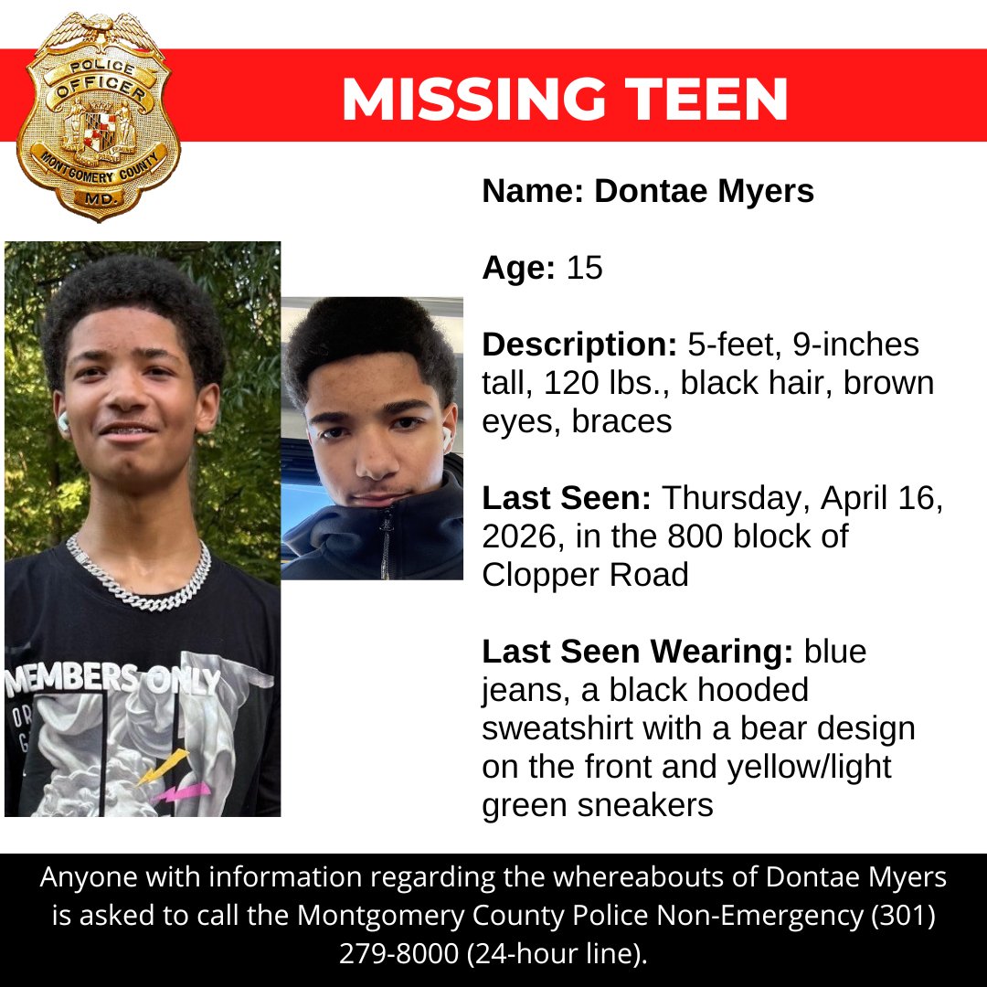 mcpnews's tweet photo. Detectives from the Montgomery County Department of Police – Special Victims Investigations Division are asking for the public’s assistance in locating Dontae Myers, a missing 15-year-old.
https://t.co/TQEjTaUEgs

#MCPNews #MCPD #Missingperson https://t.co/qzWKscSDGo