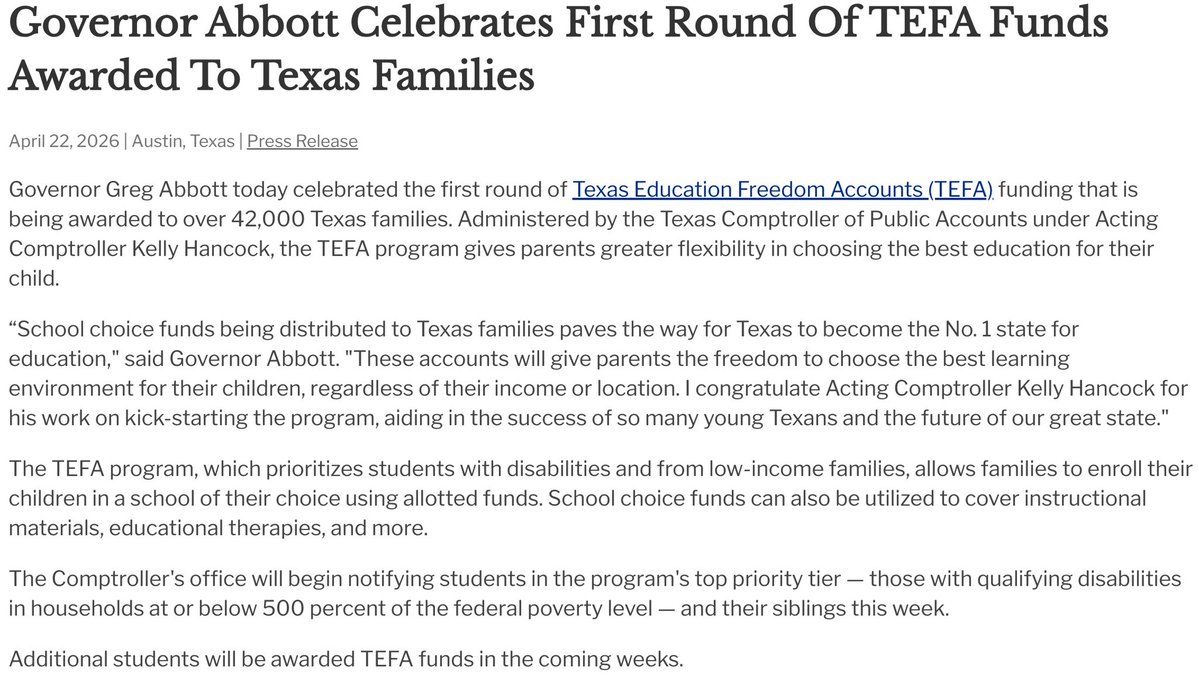 GovAbbottPress's tweet image. Governor @GregAbbott_TX celebrated the first round of Texas Education Freedom Accounts (TEFA) funding that is being awarded to over 42,000 Texas families. 

The first round of funds will be given to students with qualifying disabilities from low and middle income families.