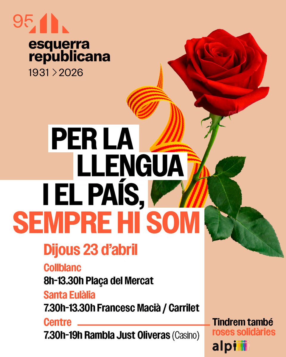 esquerraLH's tweet photo. Per #SantJordi, sempre hi som!🌹📚🐲
Com cada any demà ens trobareu a les nostres paradetes
#Collblanc de 8 a 13.30h
#SantaEulàlia de 7.30 a 13.30h
#Centre de 7.30h a 19h
Vine a buscar la teva rosa 🌹 i a parlar amb nosaltres.
També tindrem roses solidàries d'Alpi
T'hi esperem! https://t.co/XJhDJOpIOu