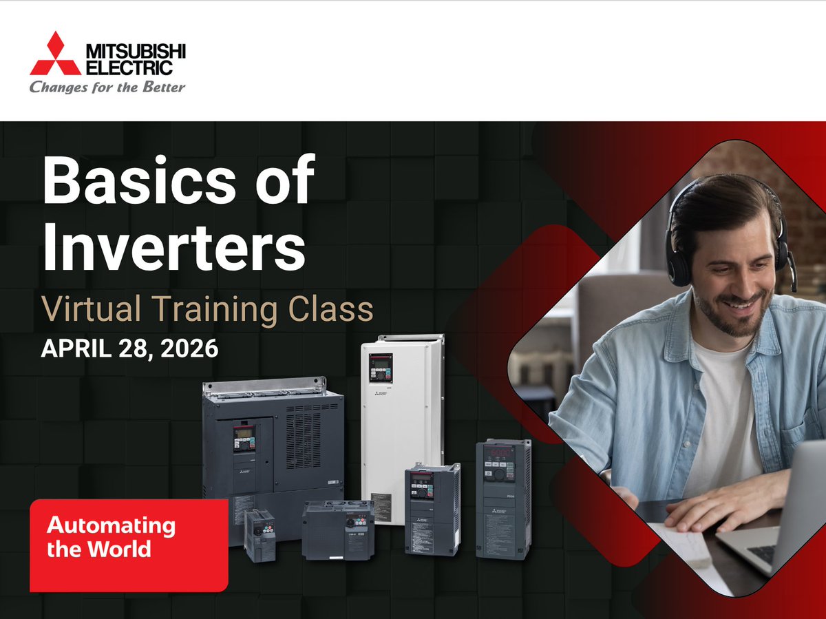MitsubishiElect's tweet image. ⚙️ Virtual Training: Basics of Variable Frequency Drives (VFDs)
📅 April 28, 2026
⏰ 10:00 AM–1:30 PM CST

Learn VFD fundamentals, setup, commissioning &amp;amp; basic troubleshooting, no hardware required.

👉 Register: okt.to/8zHT2E

#VFD #IndustrialAutomation #MotorControl