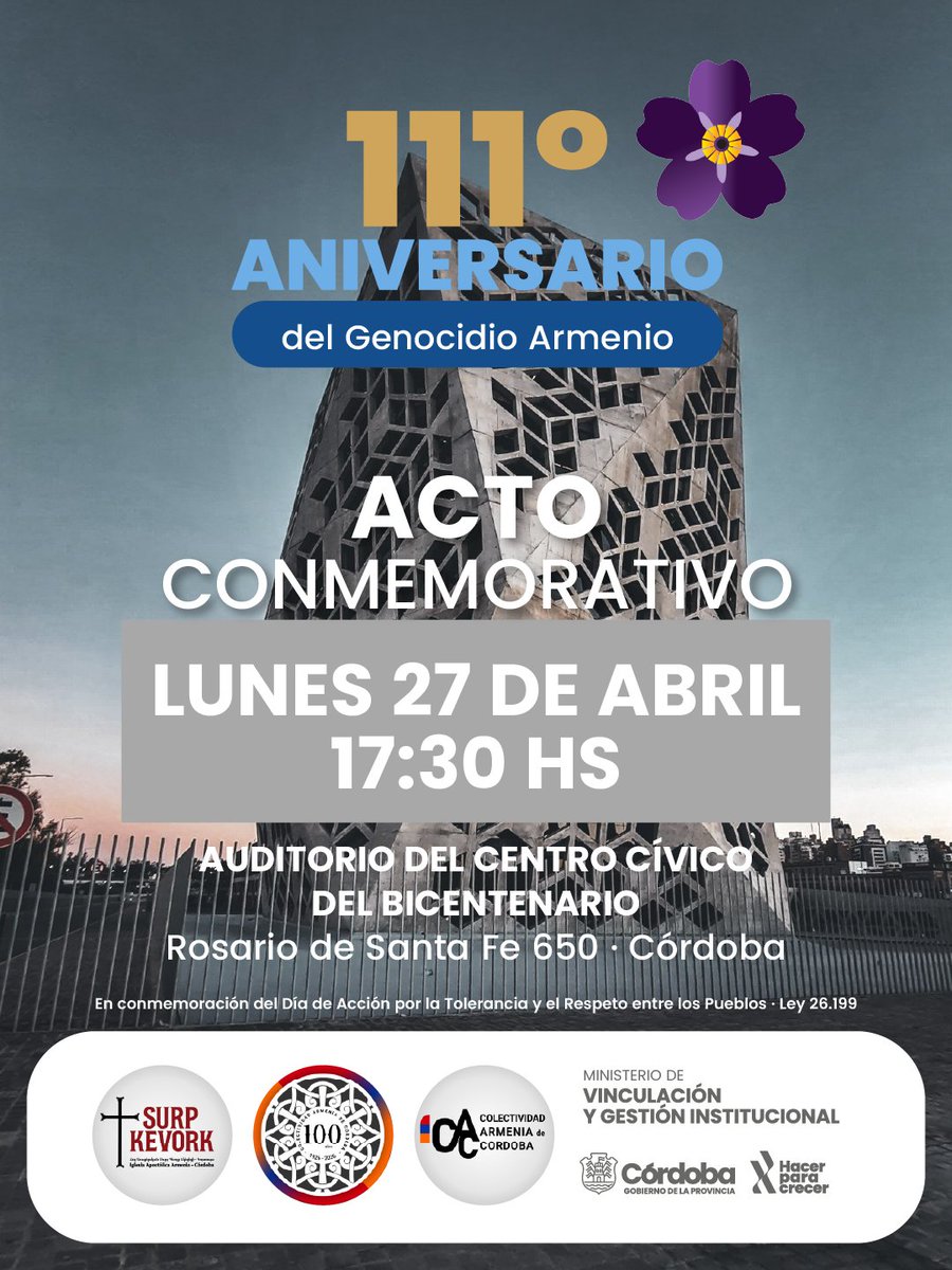 vinculacioncba's tweet photo. 🕯️ 111 AÑOS DEL GENOCIDIO ARMENIO🇦🇲 ACTO CONMEMORATIVO

En el marco de un nuevo aniversario del #GenocidioArmenio, se invita a la comunidad a participar de este acto de memoria, reflexión y compromiso. https://t.co/MOWiQ3Ofgw