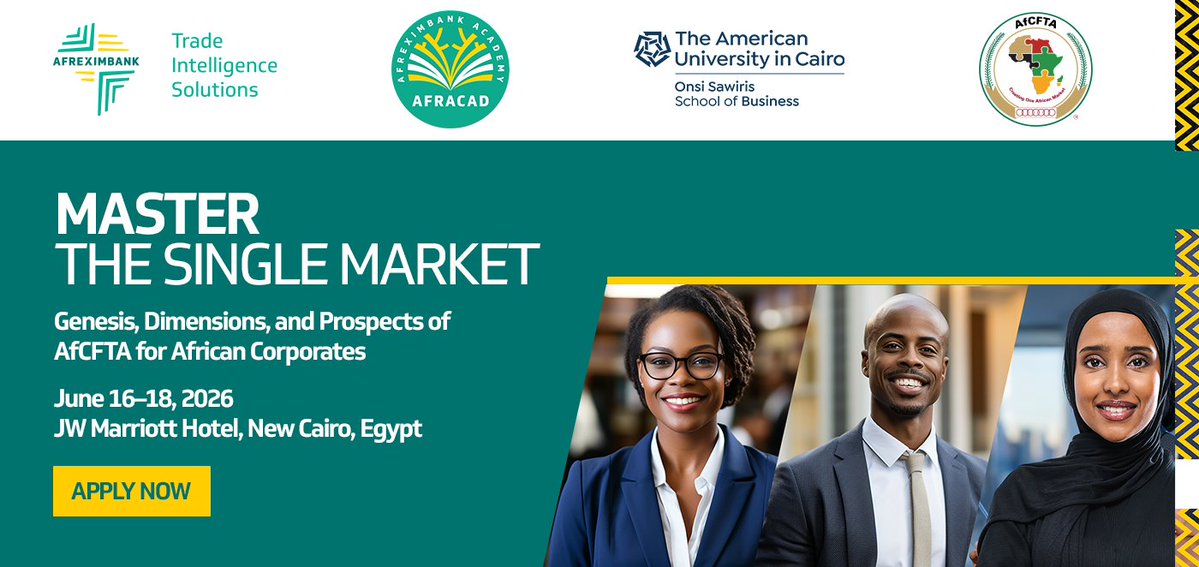 AfricaIncome's tweet image. Afreximbank lance la 3e formation dédiée à la Zone de libre-échange continentale africaine du 16 au 18 juin 2026 au Le Caire.
Un programme axé sur les compétences clés du commerce intra-africain.
#africaIncome #ZLECAf #Commerce #Afrique