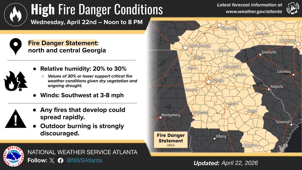 DeKalbEMA's tweet photo. On this Earth Day, we’re reminded to protect the land we share. While we celebrate Georgia’s natural beauty, drought conditions across the state are increasing fire danger. Please use extra caution outdoors and help prevent wildfires. https://t.co/ZX1TptZ1Cs