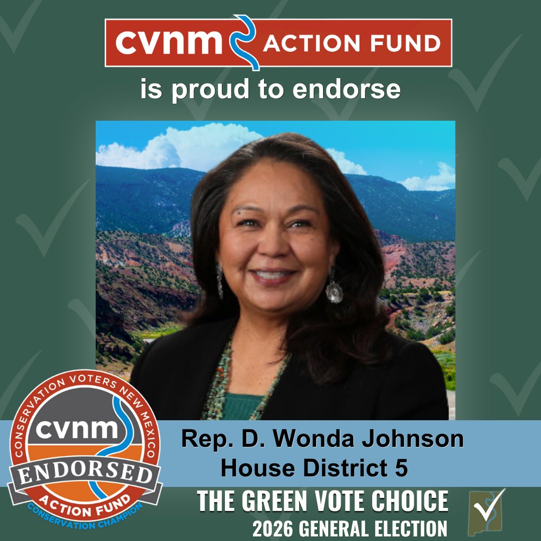 ProtectNM's tweet image. CVNM, through CVNM Action Fund, is proud to endorse Rep. D. Wonda Johnson for House District 5! She has a 92% lifetime score on our Conservation Scorecard. #Champ #GreenVoteChoice #NMpol #NMpol