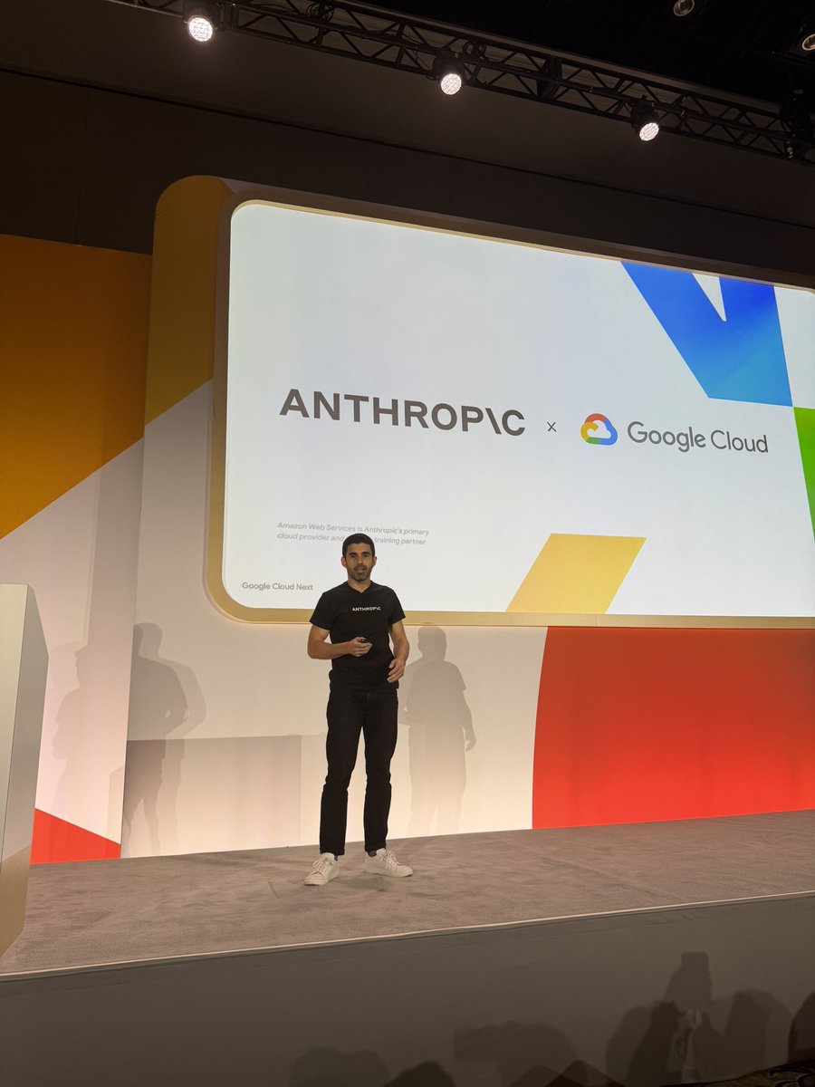 benitoz's tweet image. Anthropic on stage at #GoogleCloud Next

Fine print on the slide:

“Amazon Web Services is Anthropic’s primary cloud provider and primary training partner”

The multi-cloud hierarchy has to be disclosed even on a Google stage

AWS trains it, Google sells it $amzn $GOOGL