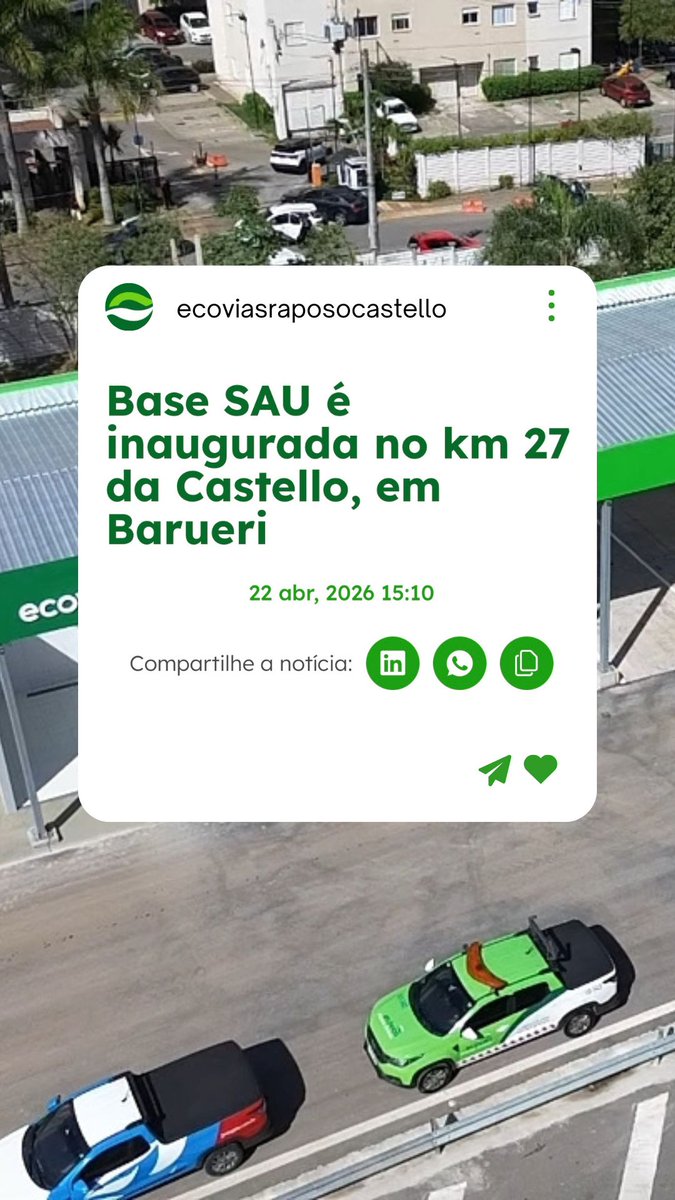 💚Ecovias Raposo Castello inaugura base de Serviço de Atendimento ao Usuário (SAU) definitiva no km 27 da Castello Branco, em Barueri:

ecoviasraposocastello.com.br/noticias/base-…