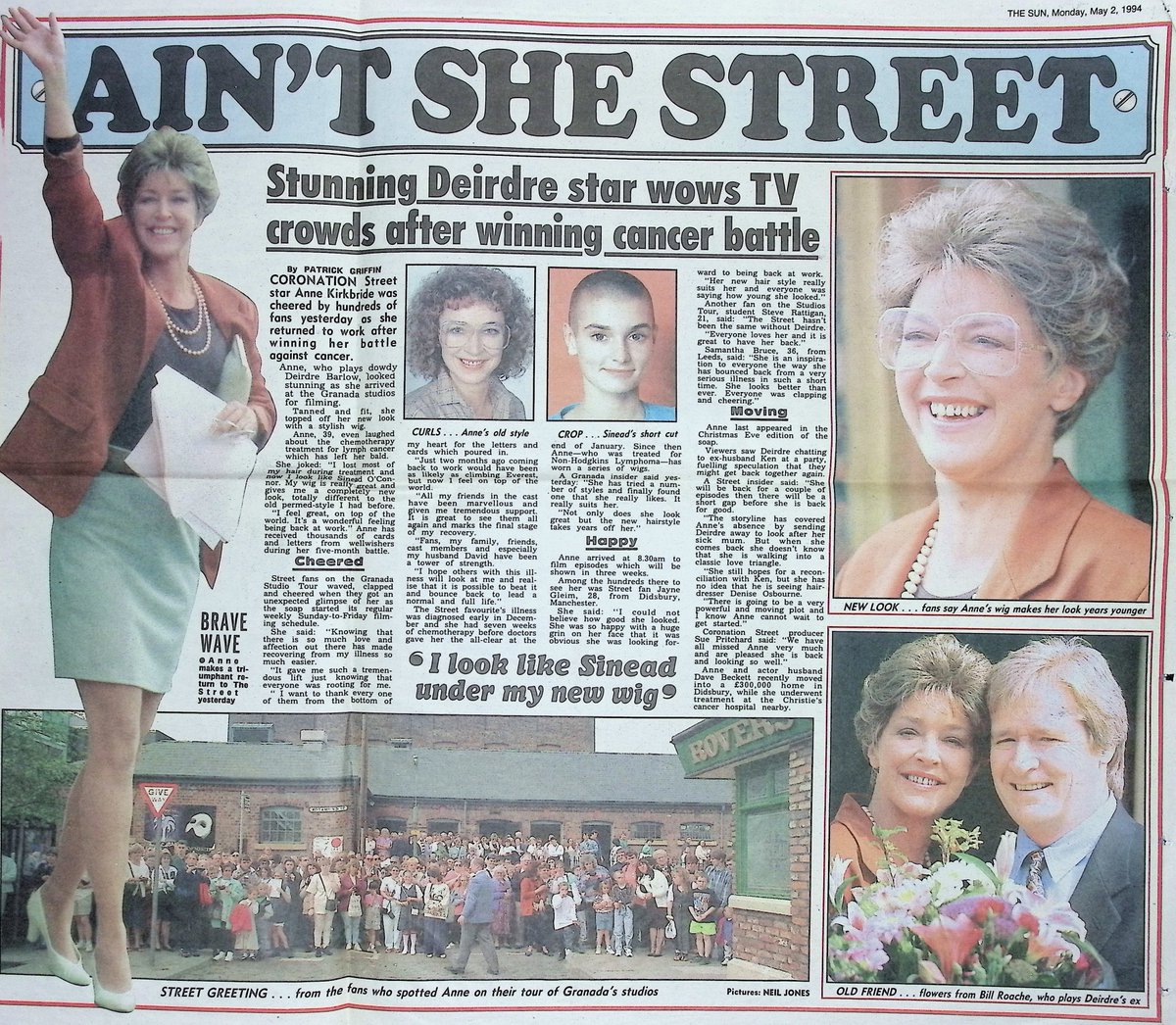 TvDidYouSee's tweet image. #OnThisDay 2 May 1994
The newspapers welcome #AnneKirkbride's return to the #CoronationStreet set. 
The Sun: AIN'T SHE STREET - Stunning Deidre star wows TV crowds
Daily Mail: THE STREET WELCOMES NEW-LOOK DEIDRE BACK HOME