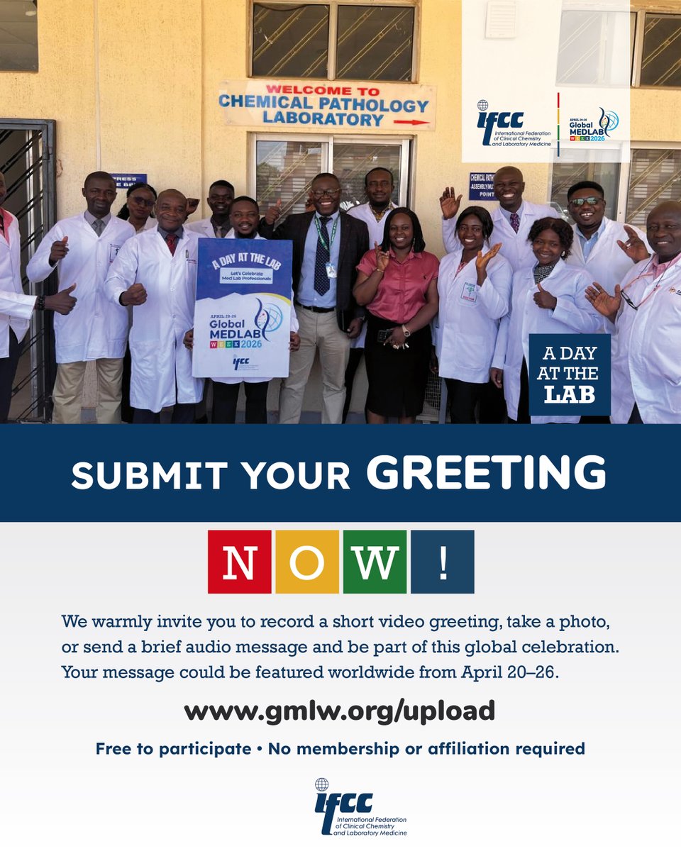 GMedLabWeek's tweet photo. 🌍🎥 Be part of #GlobalMedLabWeek!
Send a short video, photo, or audio and get featured worldwide (Apr 20–26) 🌎
🔗 Upload: https://t.co/k3fJfZMsvj
📲 WhatsApp: https://t.co/y6eRIlsTKv

🎥 Include: name, city &amp; country
💡 FREE participation

#ADayAtTheLab https://t.co/XK1CSiDDp2