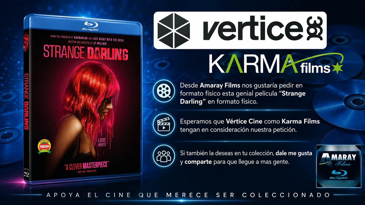 Reinicio petición de "Strange Darling" (2024) que tenga difusión y podamos disfrutar de esta edición en formato físico. <a href="/karmafilms/">Karma Films</a> <a href="/Vertice360/">Vertice360Spain</a> comparte y dale like