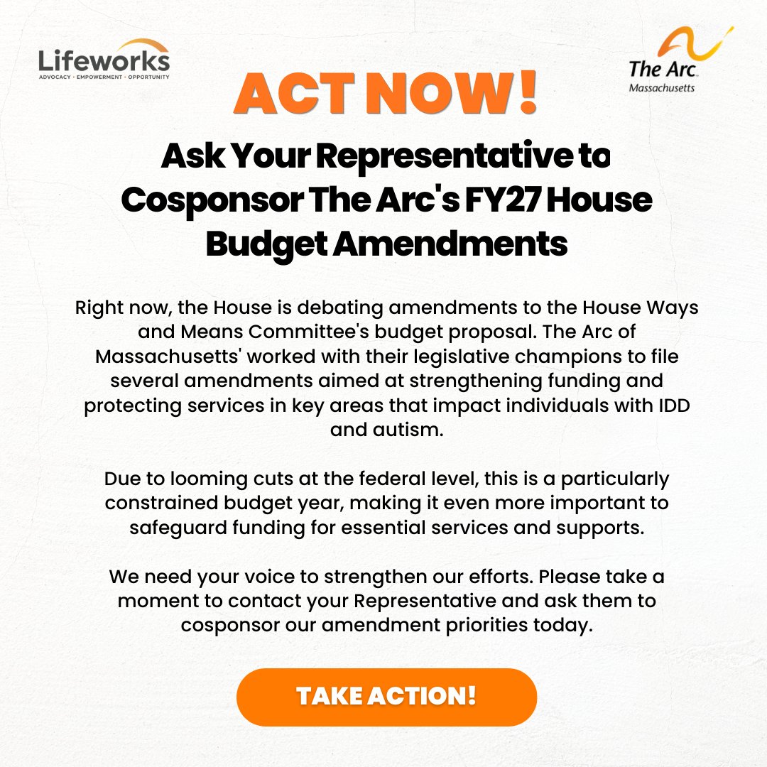 LifeworksArc's tweet photo. ACTION ALERT! 📣 Ask your Representative to Cosponsor the Arc's FY27 House Budget Amendments!

Please take a moment to contact your Representative and ask them to cosponsor our amendment priorities today.

ACT NOW: https://t.co/iwDimnMFiy https://t.co/E6KSDtTufi