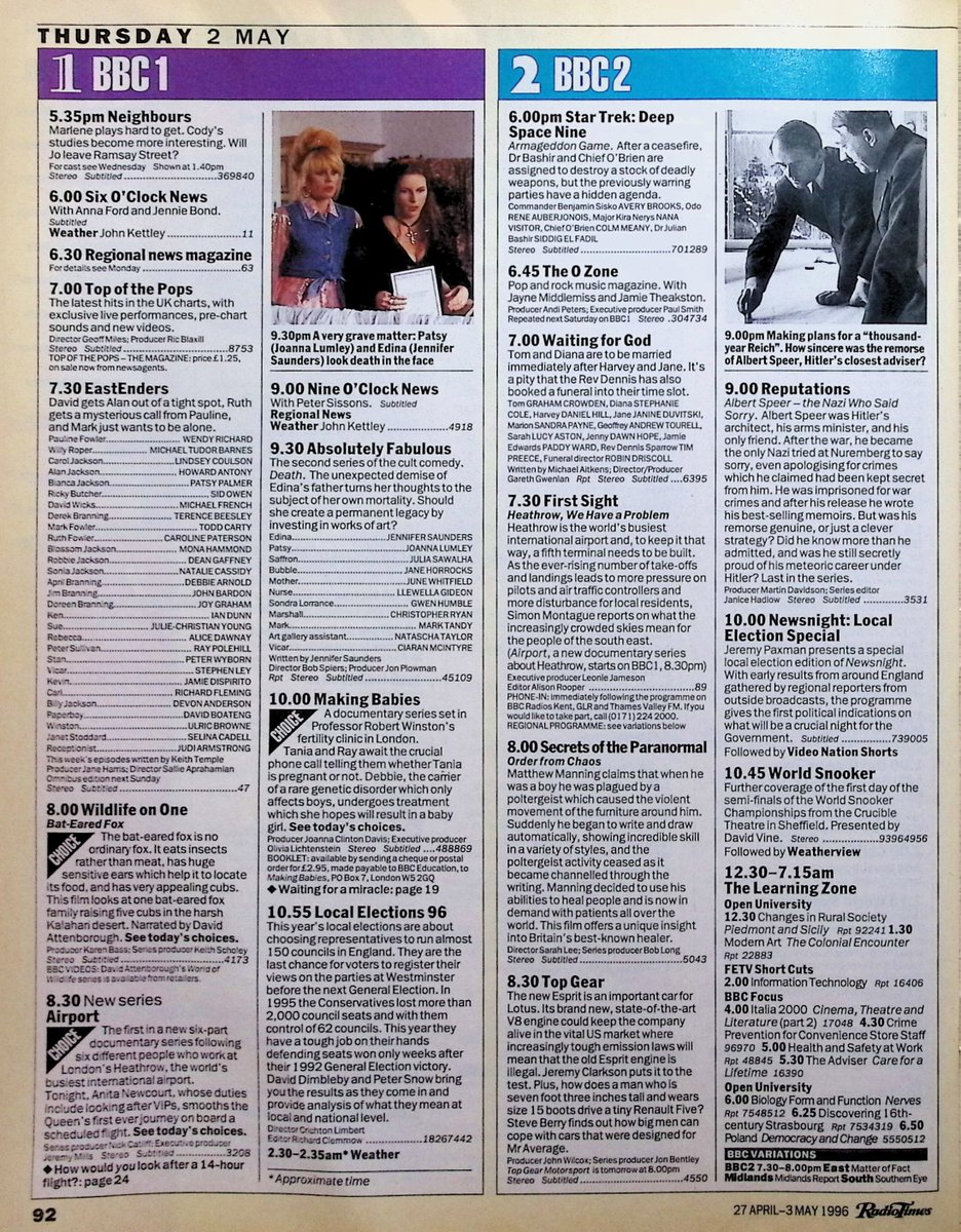 TvDidYouSee's tweet photo. #OnThisDay 2 May 1996 📺TV Listings
#JohnPickard plays along in The #AntAndDec Show.
BBC1 goes behind the scenes as Heathrow for the first time in AIRPORT.
Mark wants to be alone in #EastEnders.
Accidents Will Happen in #TheBill.
#ChrisEllison stars in ELLINGTON. https://t.co/j34z1BlgGL