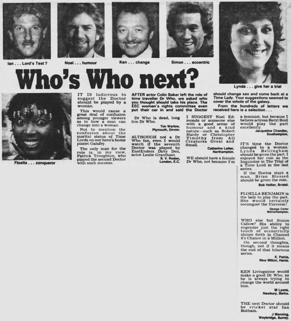 TvDidYouSee's tweet image. #OnThisDay 5 May 1987
WHO'S WHO NEXT?
After actor #ColinBaker left the role of time traveller #DrWho, the Daily Express asked who should take his place. Some even said the Doctor should change sex and come back as a Time Lady . . .