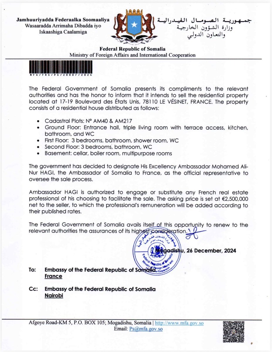 MPKoshin's tweet photo. Having exhausted by selling in country public properties, the president has set his sights on selling Somali Embassies abroad, Tanzania, France &amp; Germany 👇🏿. Never have we as Somalis seen this level of greed and corruption. https://t.co/ndvYsnj7wF
