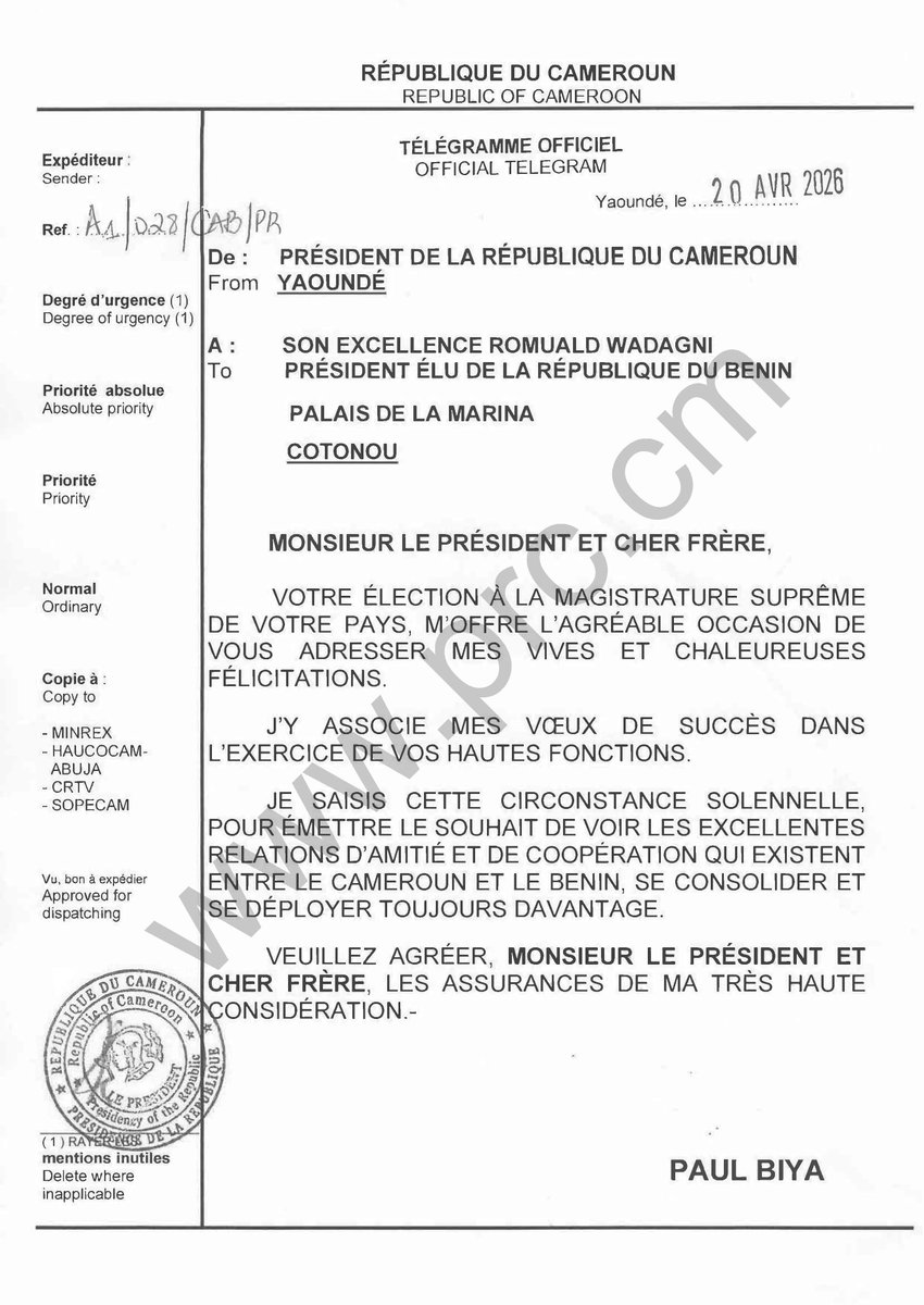 🇨🇲🇧🇯
Message de félicitations du Président Paul Biya à Son Excellence Romuald Wadagni, à l’occasion  de son élection à la magistrature suprême de la République du Benin.

#PaulBiya
#Cameroun