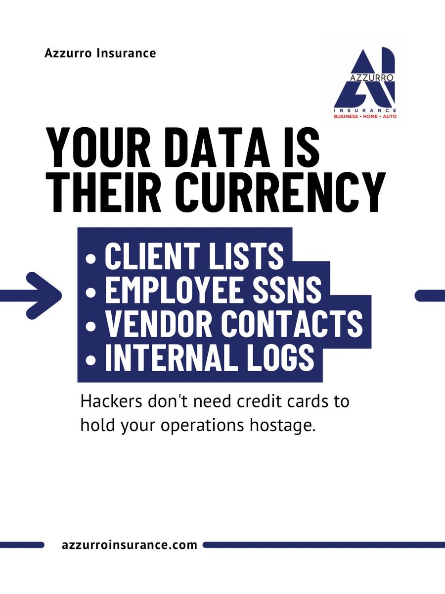 azzurroinsuranc's tweet image. Think you don't have cyber risk because you don't collect credit cards? Think again. 🚨
Ransomware targeting non-financial data is rising 40% annually. Your client lists and employee SSNs are the new currency.

📞 (469) 200-6064 | azzurroinsurance.com
#CyberSecurity #SmallBiz