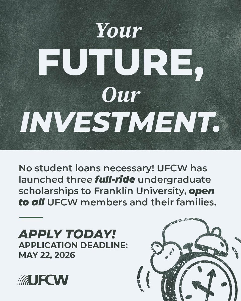 Local338's tweet photo. The application for the UFCW’s full-ride scholarship to Franklin University closes this Friday, May 22. That’s less than a week away!
All Local 338 members and their families are eligible to apply, and we encourage you to do so by visiting https://t.co/N0f3cYC6r1 https://t.co/7bVe1ne3el