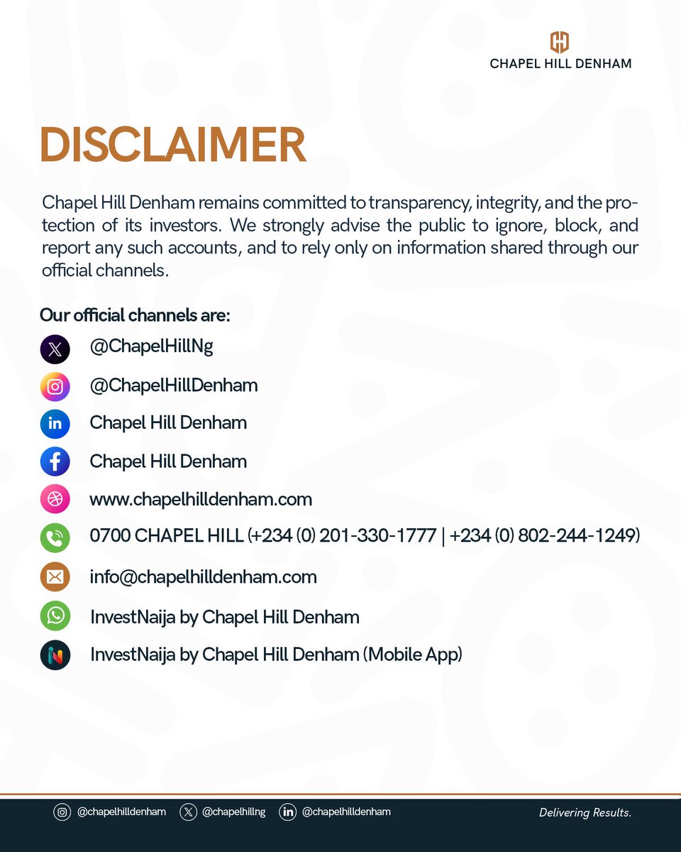 ChapelHillNg's tweet image. Please be advised that Chapel Hill Denham has no affiliation, partnership, or association with these fraudulent entities. We fully disassociate ourselves from any transactions, communications, or obligations initiated by these unauthorised parties.
 
In line with our unwavering