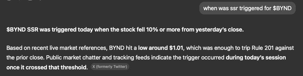 noface_trdr's tweet image. #google and #chatgpt are saying the $BYND SSR was triggered today, remains active tomorrow, and removed on Friday

Is this accurate?