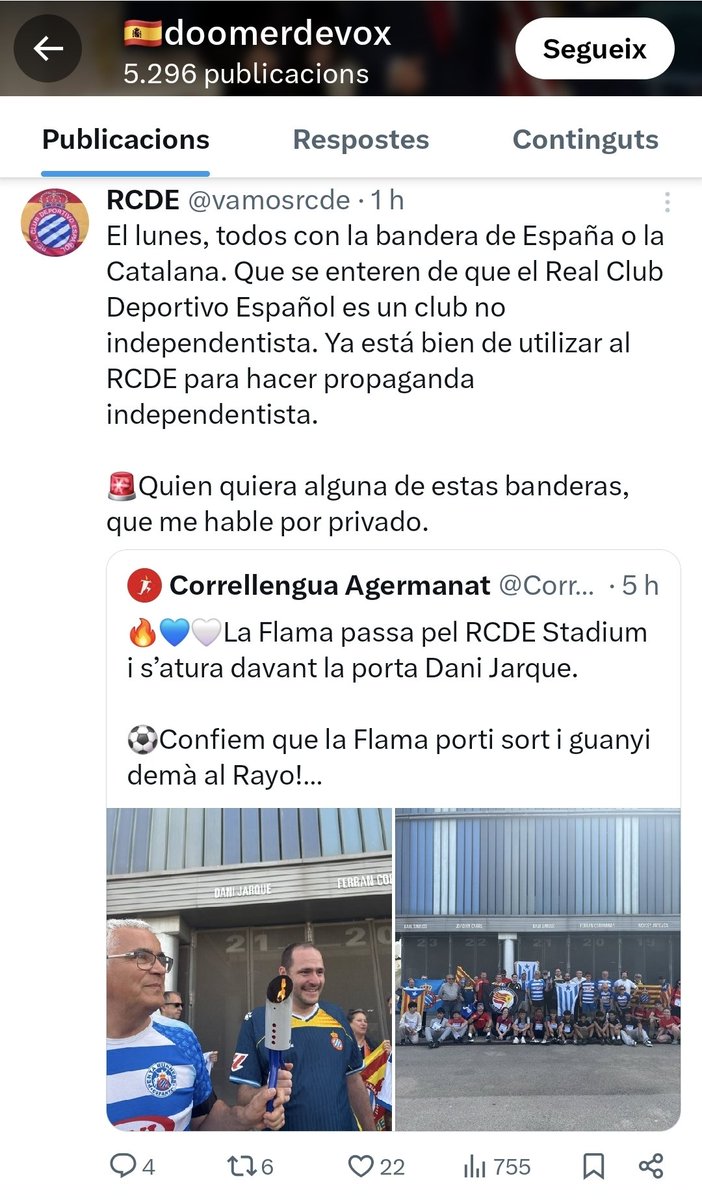 La gran majoria de La Maravillosa Minoria en shock total amb el tuit del club quan la  <a href="/Correllengua_/">Correllengua Agermanat</a> ha arribat  al RCDE Stadium i sortien uns pericos amb estelades i una bandera antifeixista.
Centenars de tuits demanant que la gent porti espanyoles. I catalanes per dissimular..