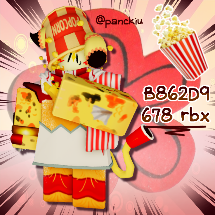 panckiu's tweet photo. popcorn. toast with a jam &amp; eggs. candy green apple. #roblox #robloxart #outfits #furry https://t.co/CjsNlwUefN