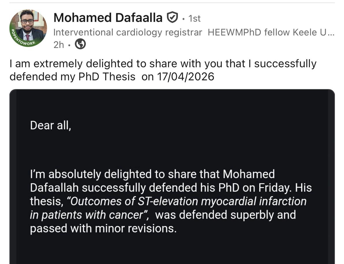 MoDafaalla's tweet photo. I successfully defended my PhD Thesis at Keele university. 
It was a long journey full of great achievements...started as ACF and continued as a PhD fellow 
A huge thank you to my supervisors @mmamas1973 and @drrashid05 who guided me along the way https://t.co/yvEhXRoUEh