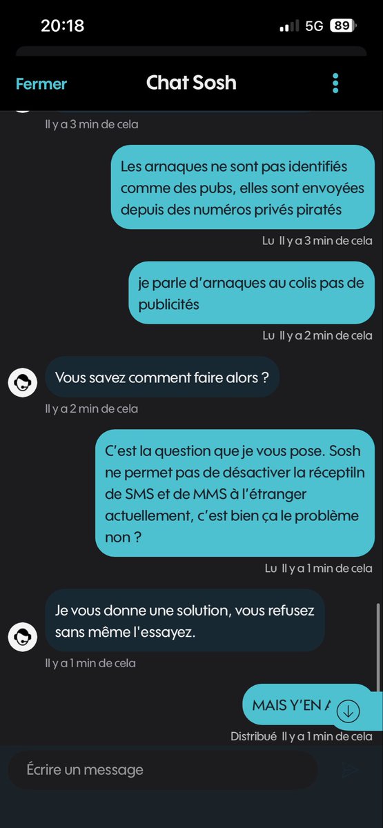 withafuckingh's tweet photo. @Sosh_fr Je reçois un MMS d’arnaque au colis à l’étranger via un numéro privé piraté. Mais comme je suis à l’étranger cette fois, la réception est facturée en hors forfait.
Je demande une vraie solution pour éviter ça dans le futur et votre conseillère Nour est si aimable ! :) https://t.co/YTesTUNBdj